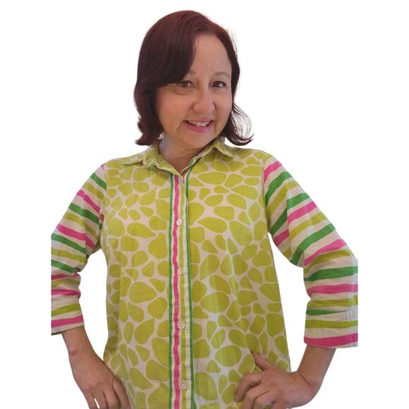 GRETCHEN SCOTT Boyfriend Shirt Art To Wear Stripes Leaves M Cotton Dopaminecore - Picture 3 of 15